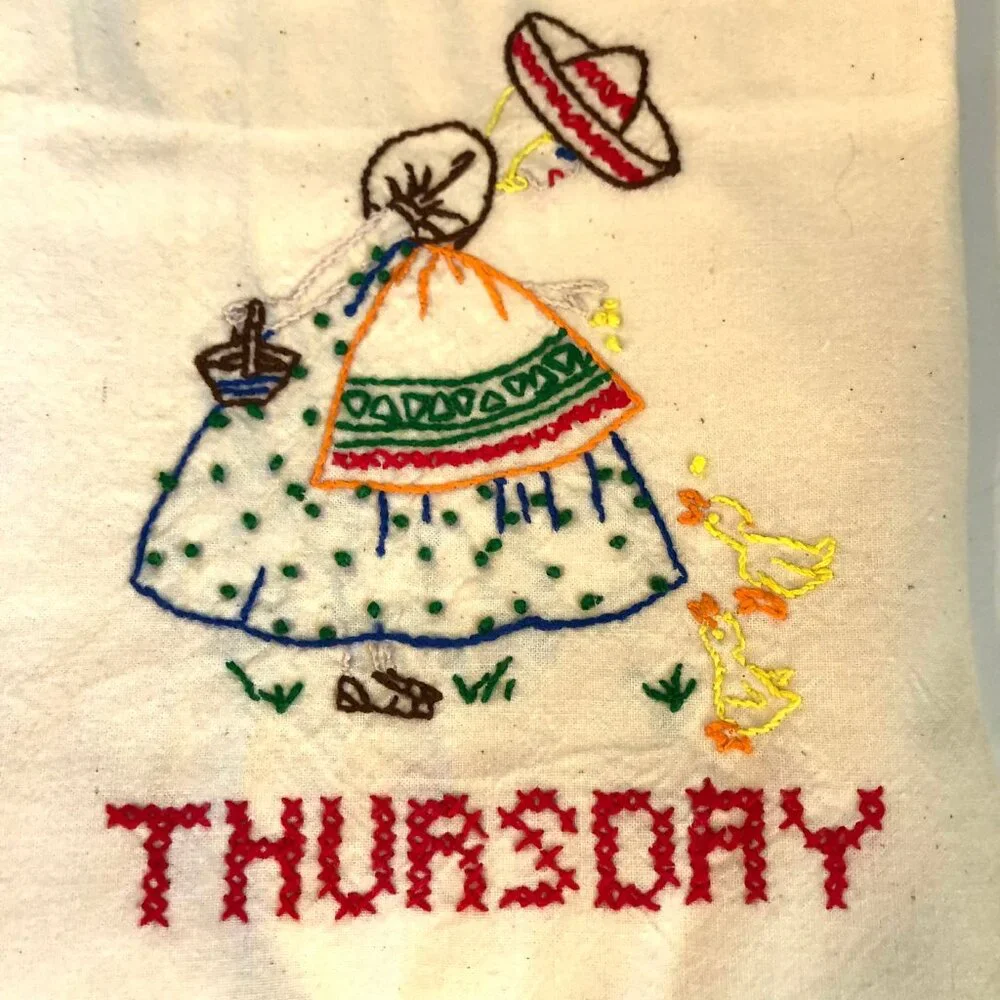 Set of 7 Vint 60s Collectible Embroidered Tea Towels Mexican Design Days Of Week